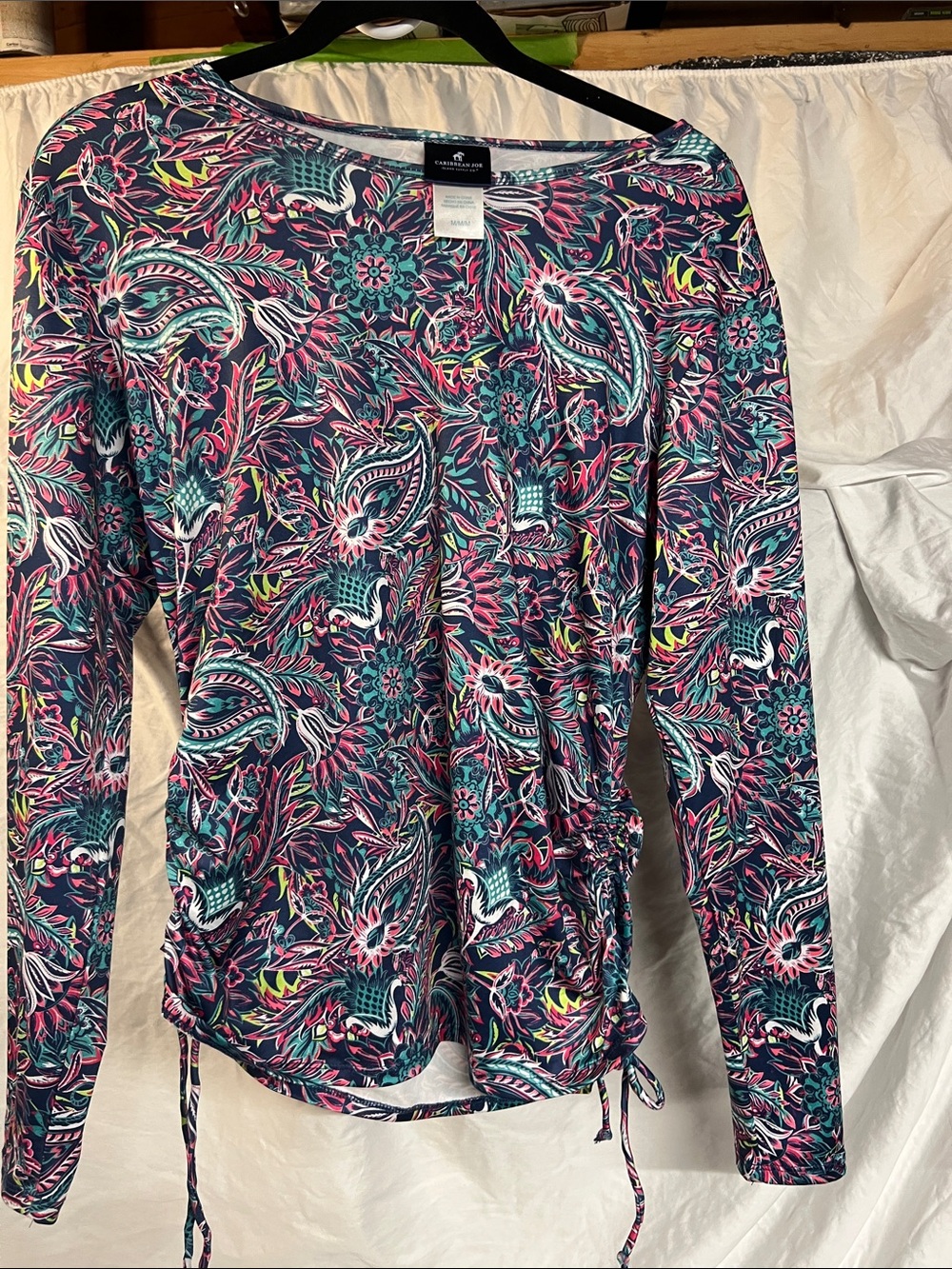 Caribbean Joe Navy Floral Paisley Long-Sleeve Top with Pink & Teal Accents